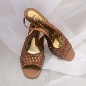 Naturalizer Woven Leather Brown Slingback Strap Peep Toe Summer Wedding Heels